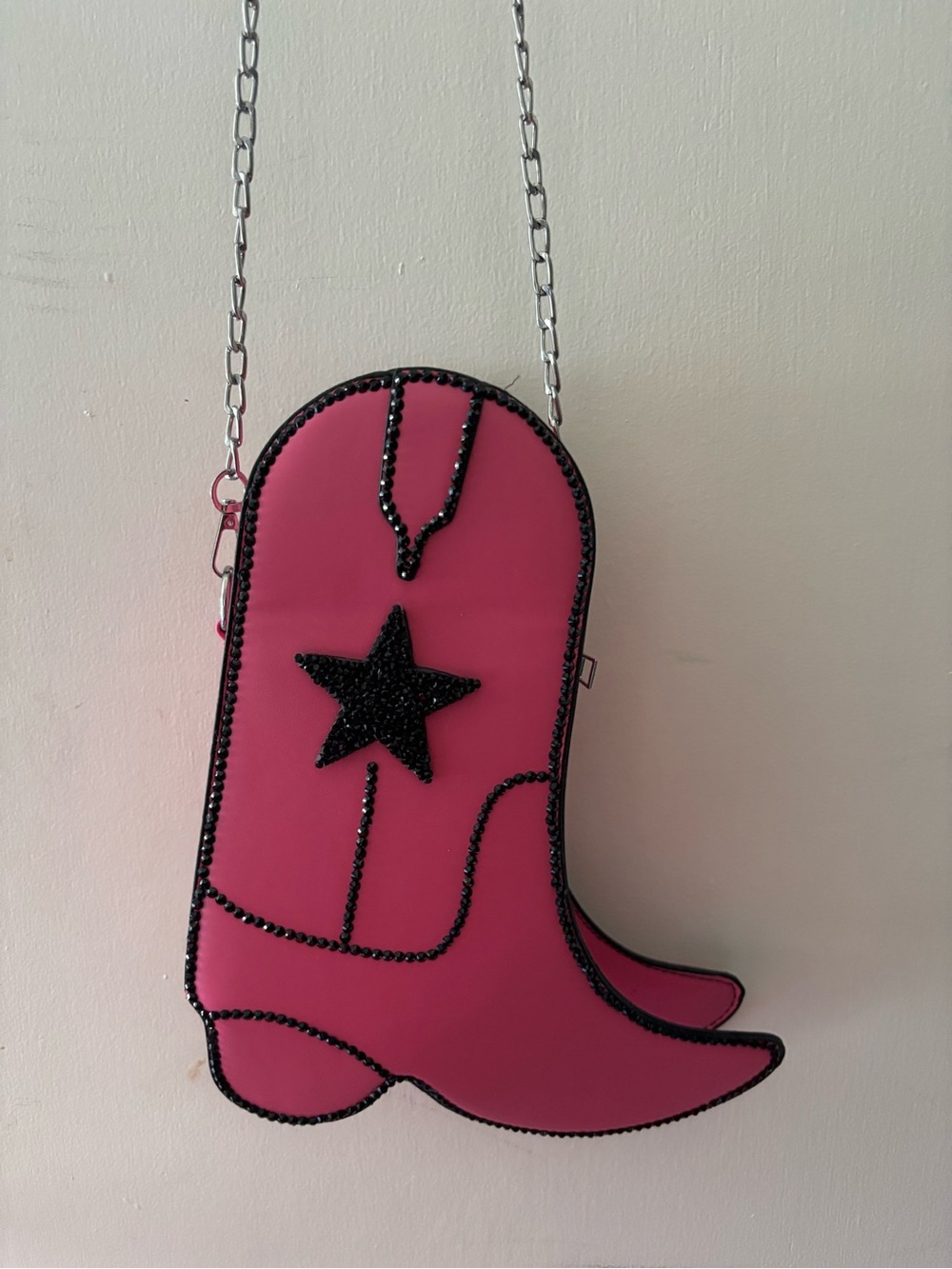 Custom Pink Rhinestone Cowboy Boot Crossbody Bag with Star Detail